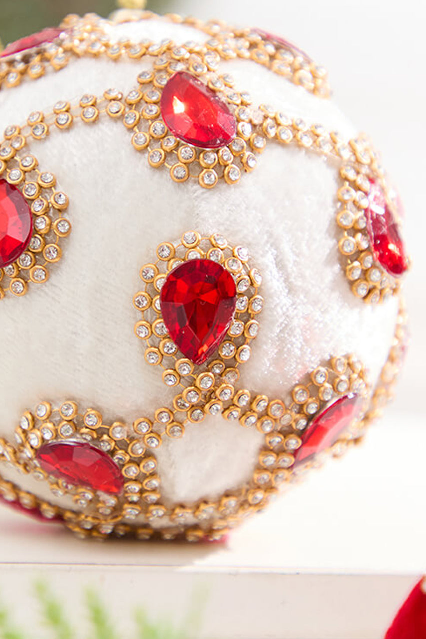 4" Ivory Velvet with Jewel & Rhinestone Ball Ornament