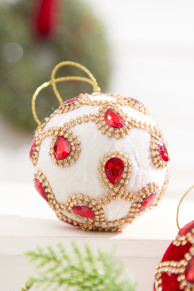 4" Ivory Velvet with Jewel & Rhinestone Ball Ornament