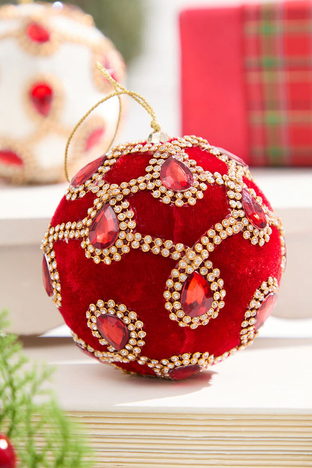 4" Red Velvet with Jewel & Rhinestone Ball Ornament
