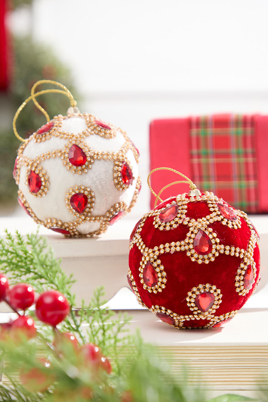 4" Red Velvet with Jewel & Rhinestone Ball Ornament