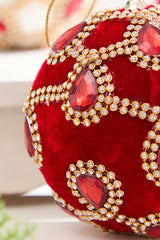 4" Red Velvet with Jewel & Rhinestone Ball Ornament