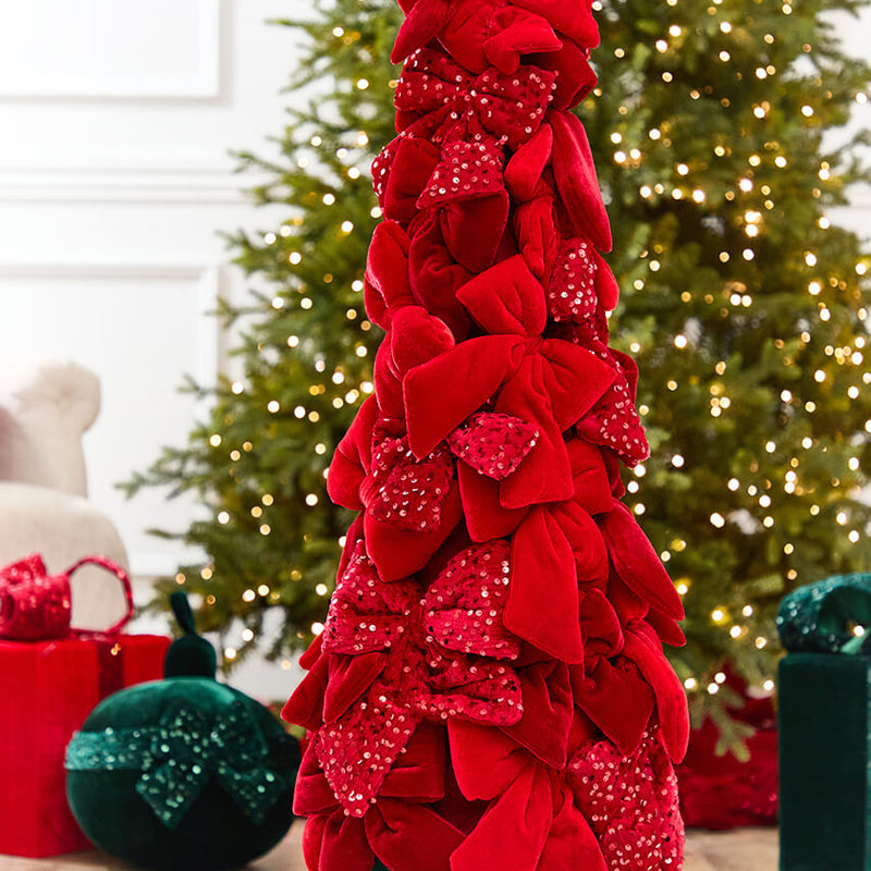 40" Red Velvet Sequin Bow Potted Cone Topiary