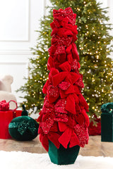 40" Red Velvet Sequin Bow Potted Cone Topiary