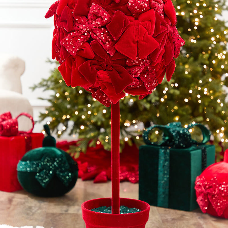 36" Red Velvet Sequin Bow Potted Ball Topiary