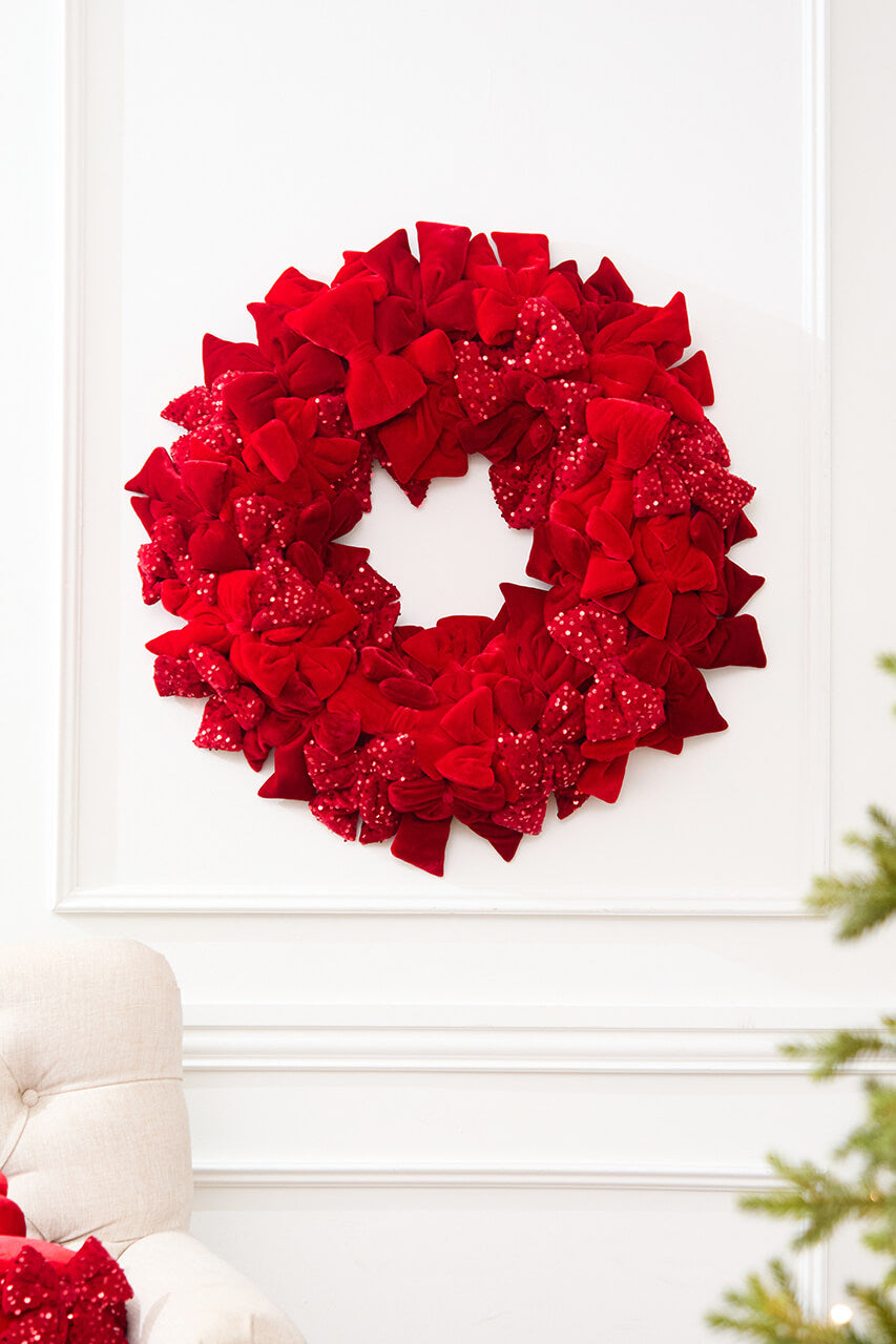 30" Red Velvet Sequin Bow Wreath