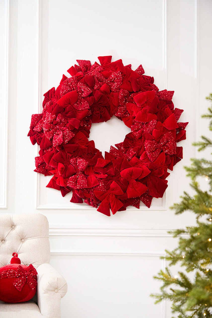 42" Red Velvet Sequin Bow Wreath