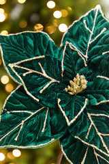 22" x 12.25" Emerald & Gold Velvet Poinsettia Stem