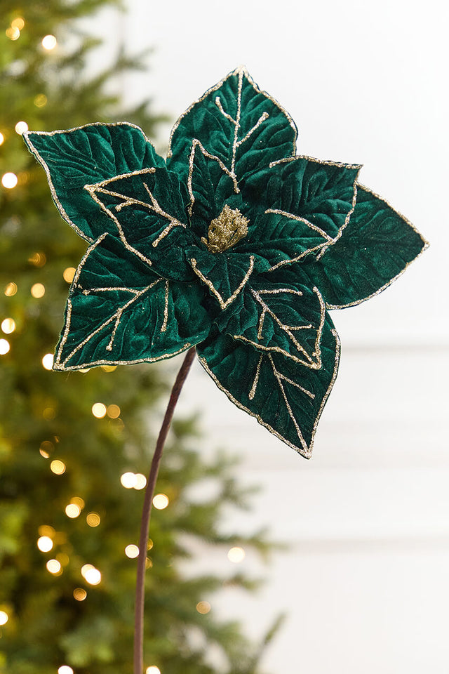 22" x 12.25" Emerald & Gold Velvet Poinsettia Stem