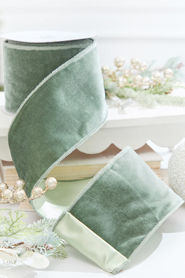 4" x 10 Yard Sage Green Deluxe Velvet Ribbon
