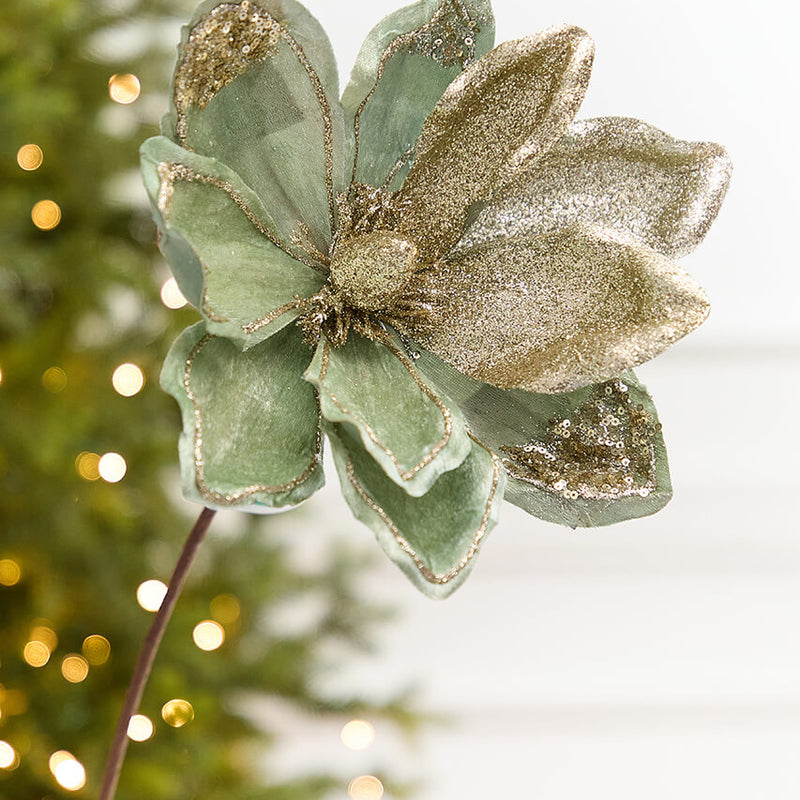 22" x 11" Sage & Platinum Velvet Glitter Magnolia Stem