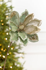 22" x 11" Sage & Platinum Velvet Glitter Magnolia Stem