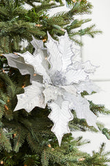 Platinum Velvet Sheer Sequin Poinsettia Stem 21 Inch Decor