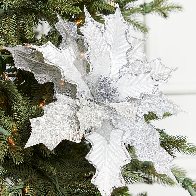 21" Platinum Velvet Sheer Sequin Poinsettia