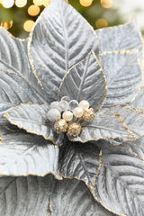 19" x 15" Blue & Grey Velvet Jewel Poinsettia Stem
