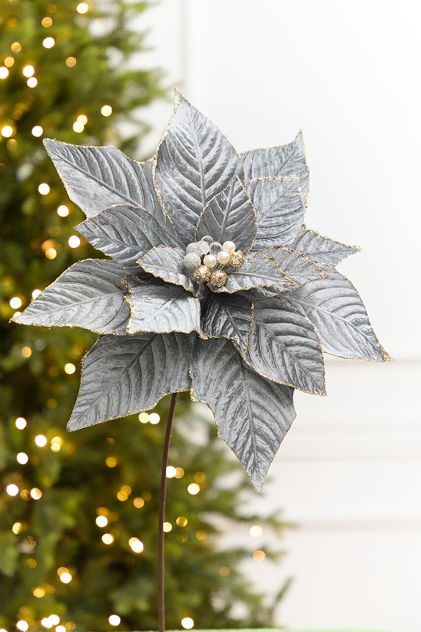 19" x 15" Blue & Grey Velvet Jewel Poinsettia Stem