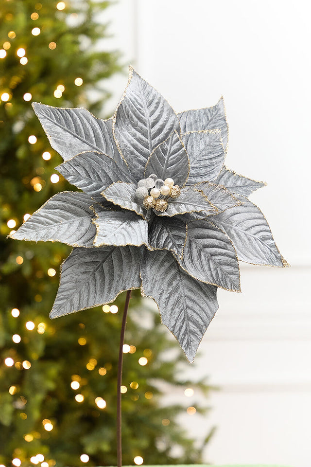 19" x 15" Blue & Grey Velvet Jewel Poinsettia Stem
