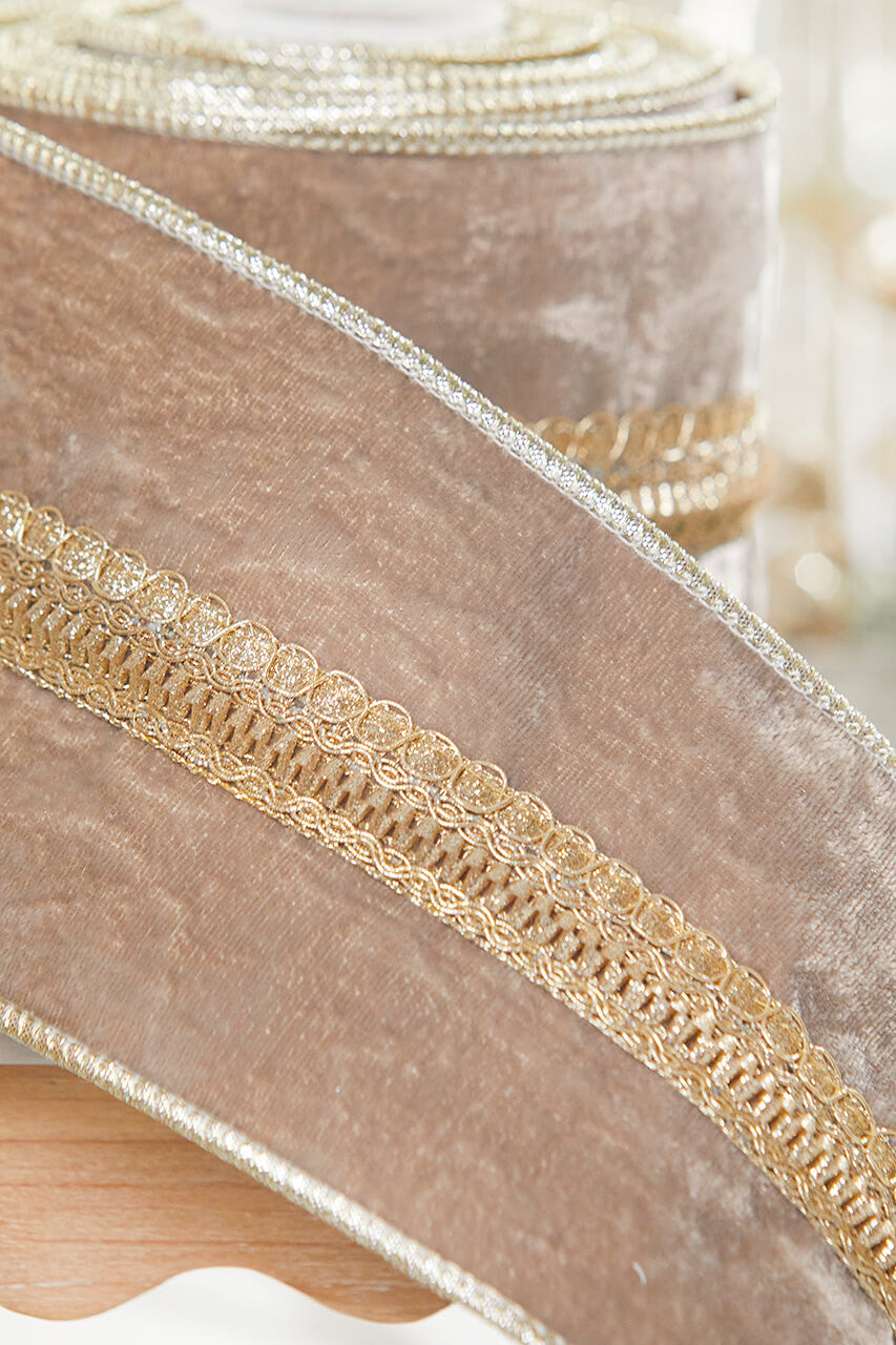 4 Inch x 5 Yard Taupe Velvet Metallic Edge Wired Christmas Ribbon Luxury Neutral Holiday Bow Wreath Tree Gift Decoration Accent