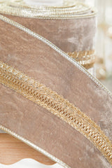 4 Inch x 5 Yard Taupe Velvet Metallic Edge Wired Christmas Ribbon Luxury Neutral Holiday Bow Wreath Tree Gift Decoration Accent