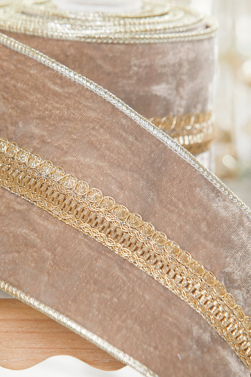 4" x 5 Yard Taupe Velvet Metallic Edge Ribbon