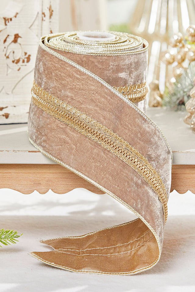 4" x 5 Yard Taupe Velvet Metallic Edge Ribbon