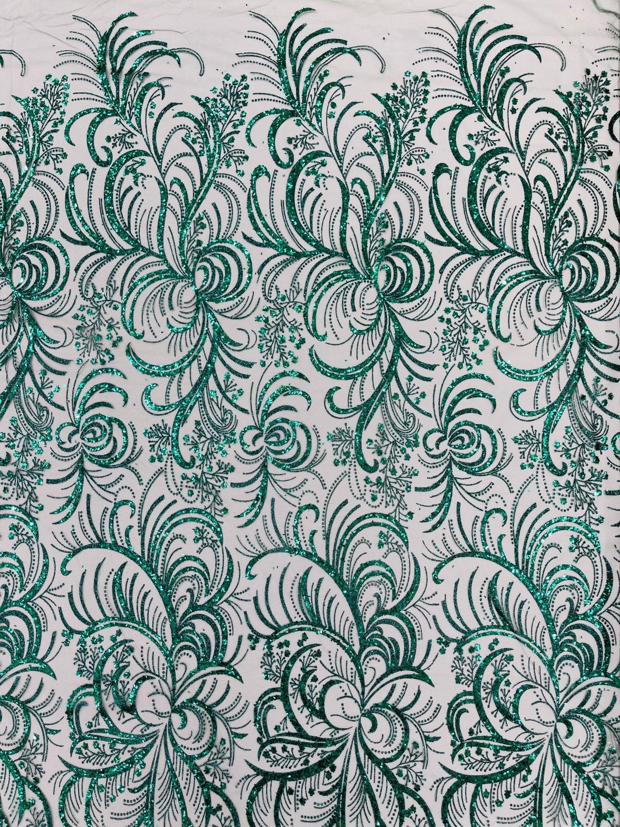 Palm Vine Glitter Design On A Mesh Lace Fabric - Hunter Green, Gold, Silver/White, Red, 54" Width (1 Yard)