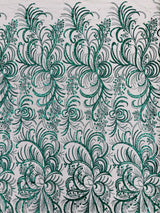 Palm Vine Glitter Design On A Mesh Lace Fabric - Hunter Green, Gold, Silver/White, Red, 54" Width (1 Yard)