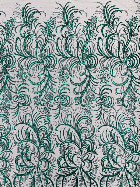 Palm Vine Glitter Design On A Mesh Lace Fabric - Hunter Green, Gold, Silver/White, Red, 54" Width (1 Yard)