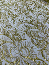 Palm Vine Glitter Design On A Mesh Lace Fabric - Hunter Green, Gold, Silver/White, Red, 54" Width (1 Yard)