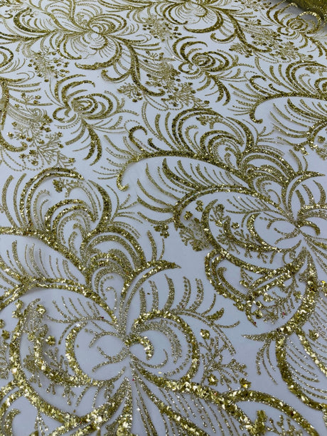 Palm Vine Glitter Design On A Mesh Lace Fabric - Hunter Green, Gold, Silver/White, Red, 54" Width (1 Yard)
