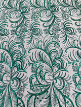 Palm Vine Glitter Design On A Mesh Lace Fabric - Hunter Green, Gold, Silver/White, Red, 54" Width (1 Yard)