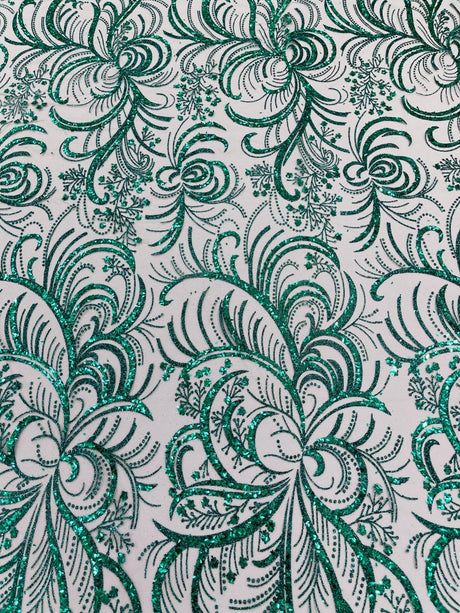 Palm Vine Glitter Design On A Mesh Lace Fabric - Hunter Green, Gold, Silver/White, Red, 54" Width (1 Yard)