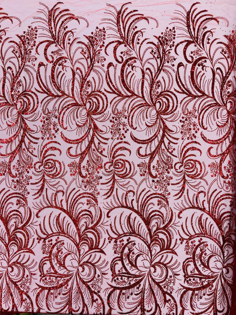 Palm Vine Glitter Design On A Mesh Lace Fabric - Hunter Green, Gold, Silver/White, Red, 54" Width (1 Yard)