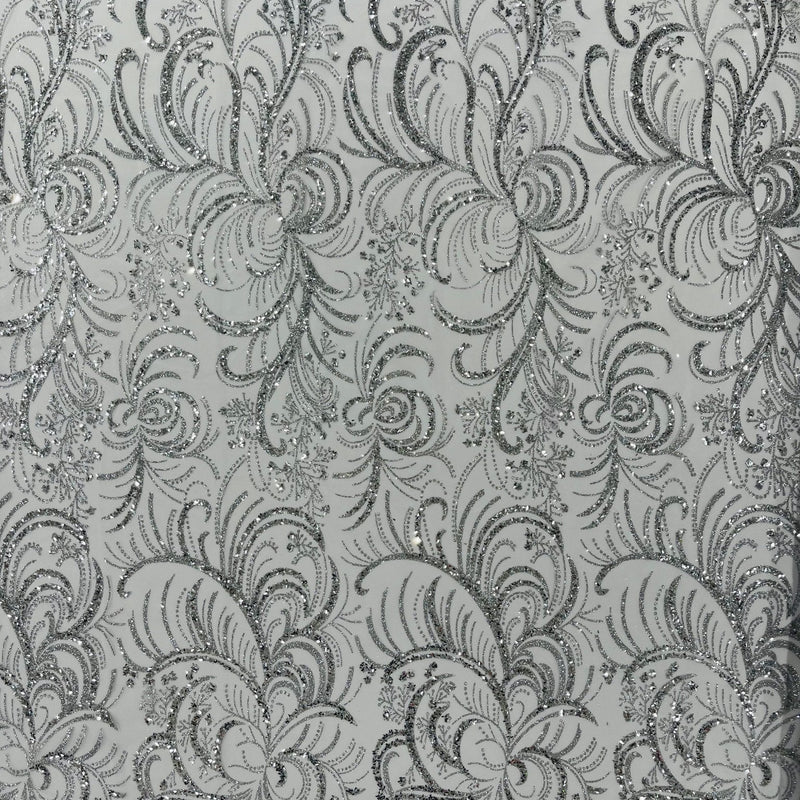 Palm Vine Glitter Design On A Mesh Lace Fabric - Hunter Green, Gold, Silver/White, Red, 54" Width (1 Yard)