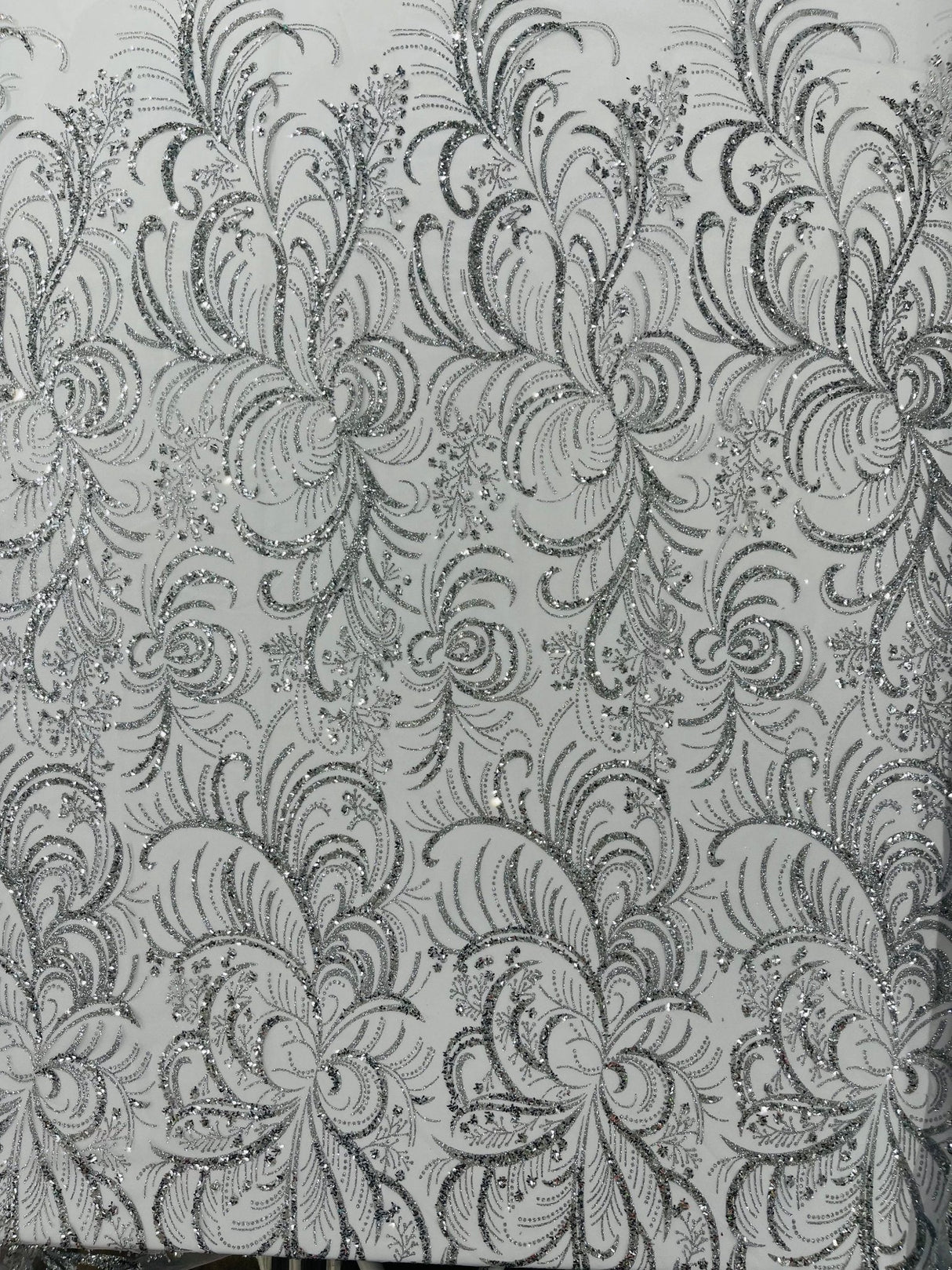 Palm Vine Glitter Design On A Mesh Lace Fabric - Hunter Green, Gold, Silver/White, Red, 54" Width (1 Yard)