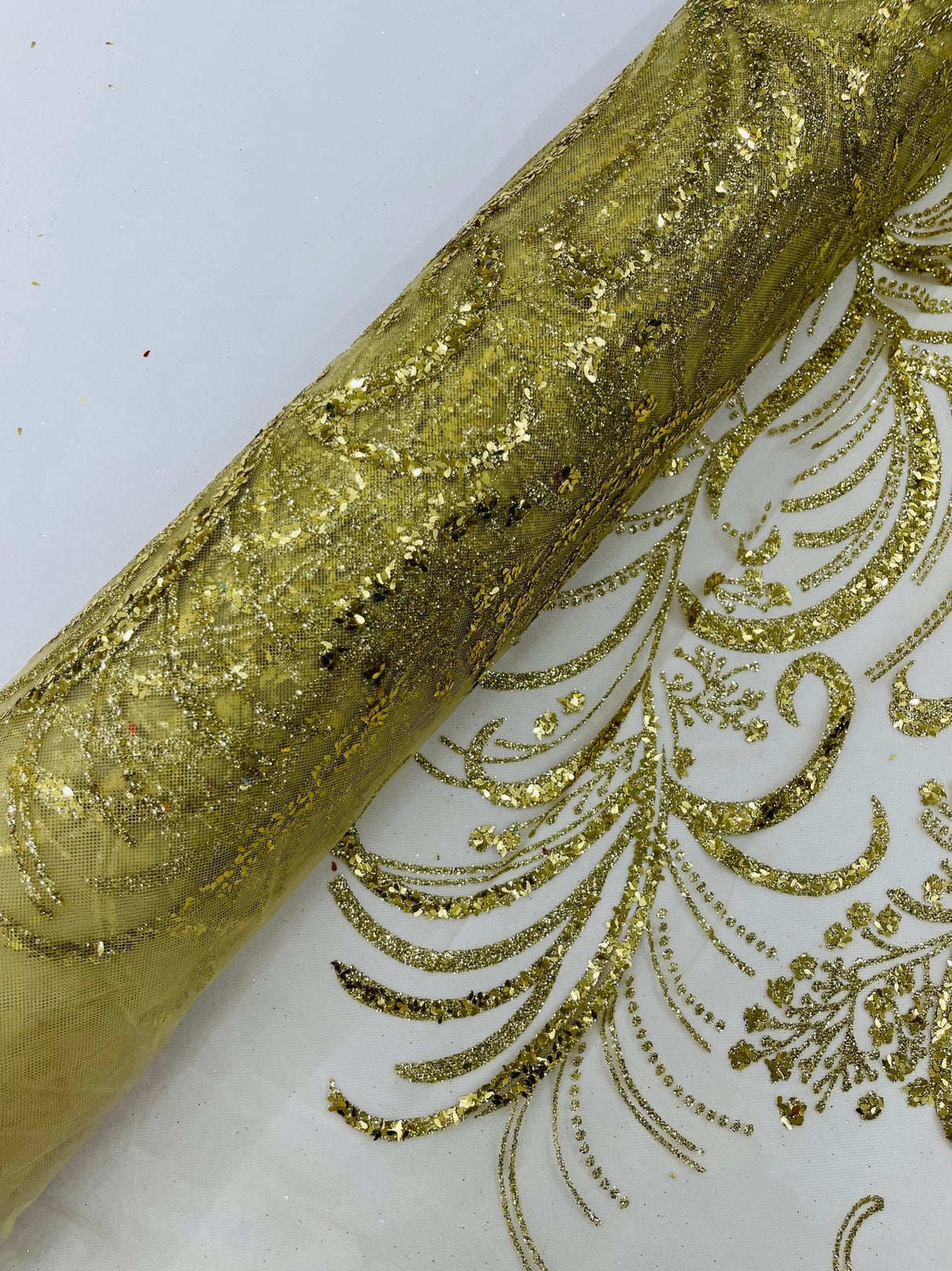 Palm Vine Glitter Design On A Mesh Lace Fabric - Hunter Green, Gold, Silver/White, Red, 54" Width (1 Yard)
