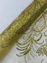 Palm Vine Glitter Design On A Mesh Lace Fabric - Hunter Green, Gold, Silver/White, Red, 54" Width (1 Yard)
