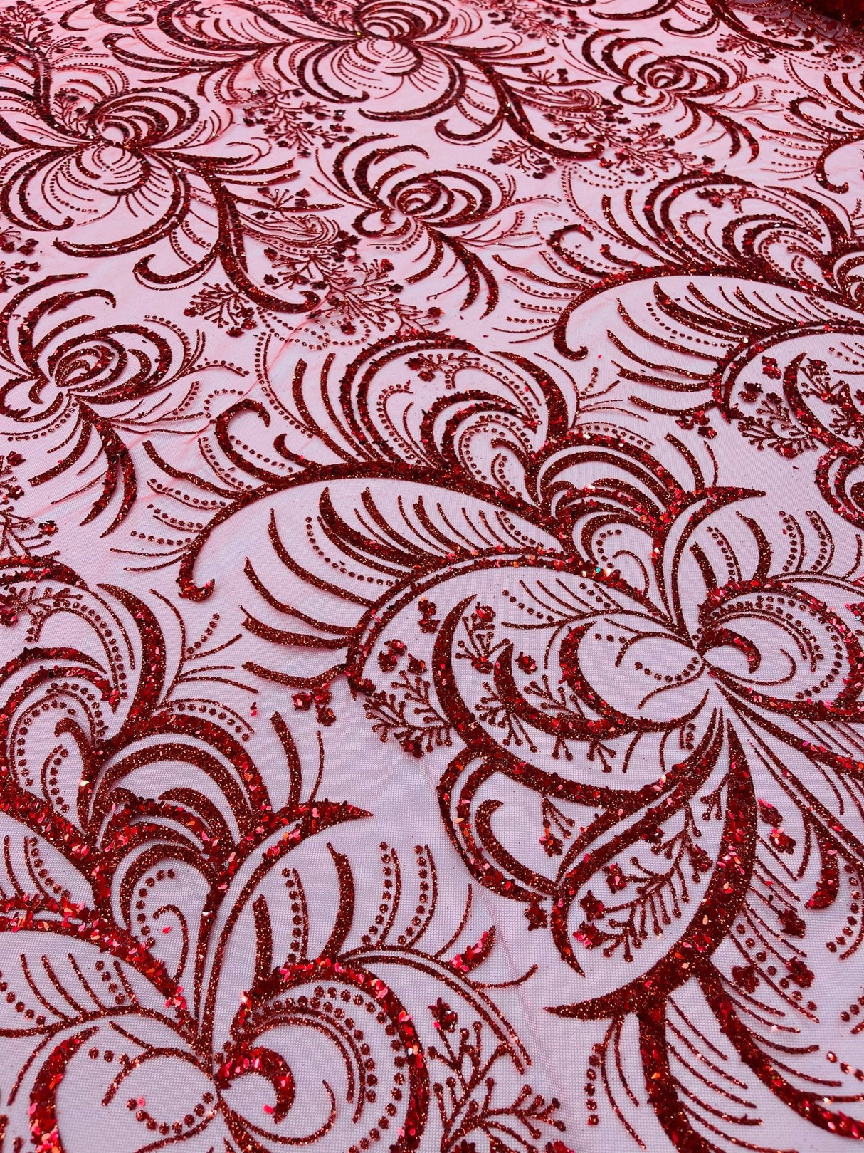 Palm Vine Glitter Design On A Mesh Lace Fabric - Hunter Green, Gold, Silver/White, Red, 54" Width (1 Yard)