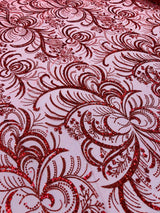 Palm Vine Glitter Design On A Mesh Lace Fabric - Hunter Green, Gold, Silver/White, Red, 54" Width (1 Yard)