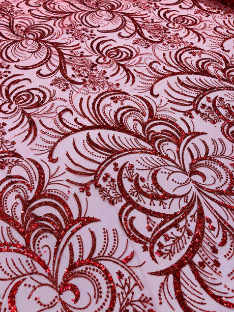 Palm Vine Glitter Design On A Mesh Lace Fabric - Hunter Green, Gold, Silver/White, Red, 54" Width (1 Yard)