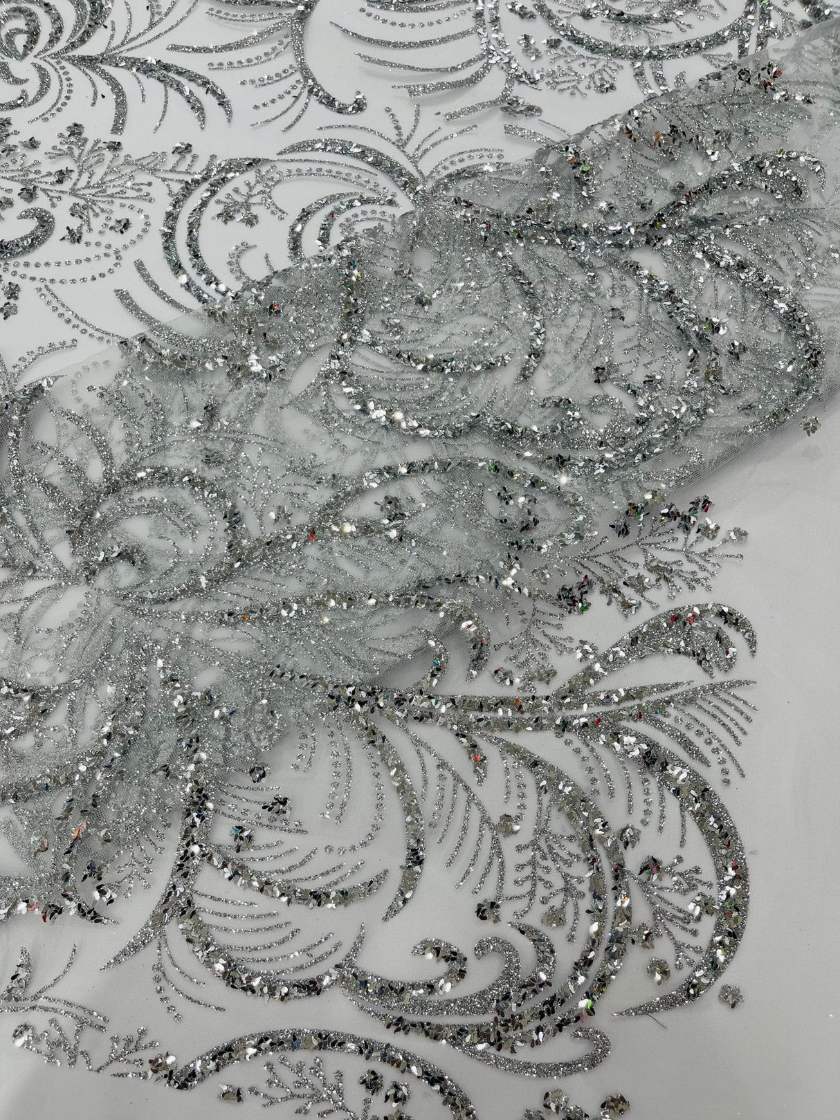 Palm Vine Glitter Design On A Mesh Lace Fabric - Hunter Green, Gold, Silver/White, Red, 54" Width (1 Yard)