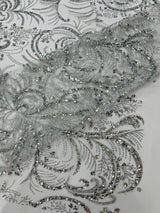 Palm Vine Glitter Design On A Mesh Lace Fabric - Hunter Green, Gold, Silver/White, Red, 54" Width (1 Yard)
