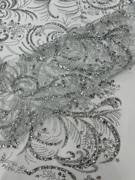 Palm Vine Glitter Design On A Mesh Lace Fabric - Hunter Green, Gold, Silver/White, Red, 54" Width (1 Yard)