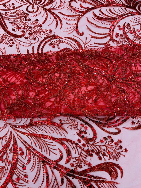 Palm Vine Glitter Design On A Mesh Lace Fabric - Hunter Green, Gold, Silver/White, Red, 54" Width (1 Yard)