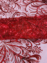 Palm Vine Glitter Design On A Mesh Lace Fabric - Hunter Green, Gold, Silver/White, Red, 54" Width (1 Yard)