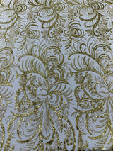 Palm Vine Glitter Design On A Mesh Lace Fabric - Hunter Green, Gold, Silver/White, Red, 54" Width (1 Yard)
