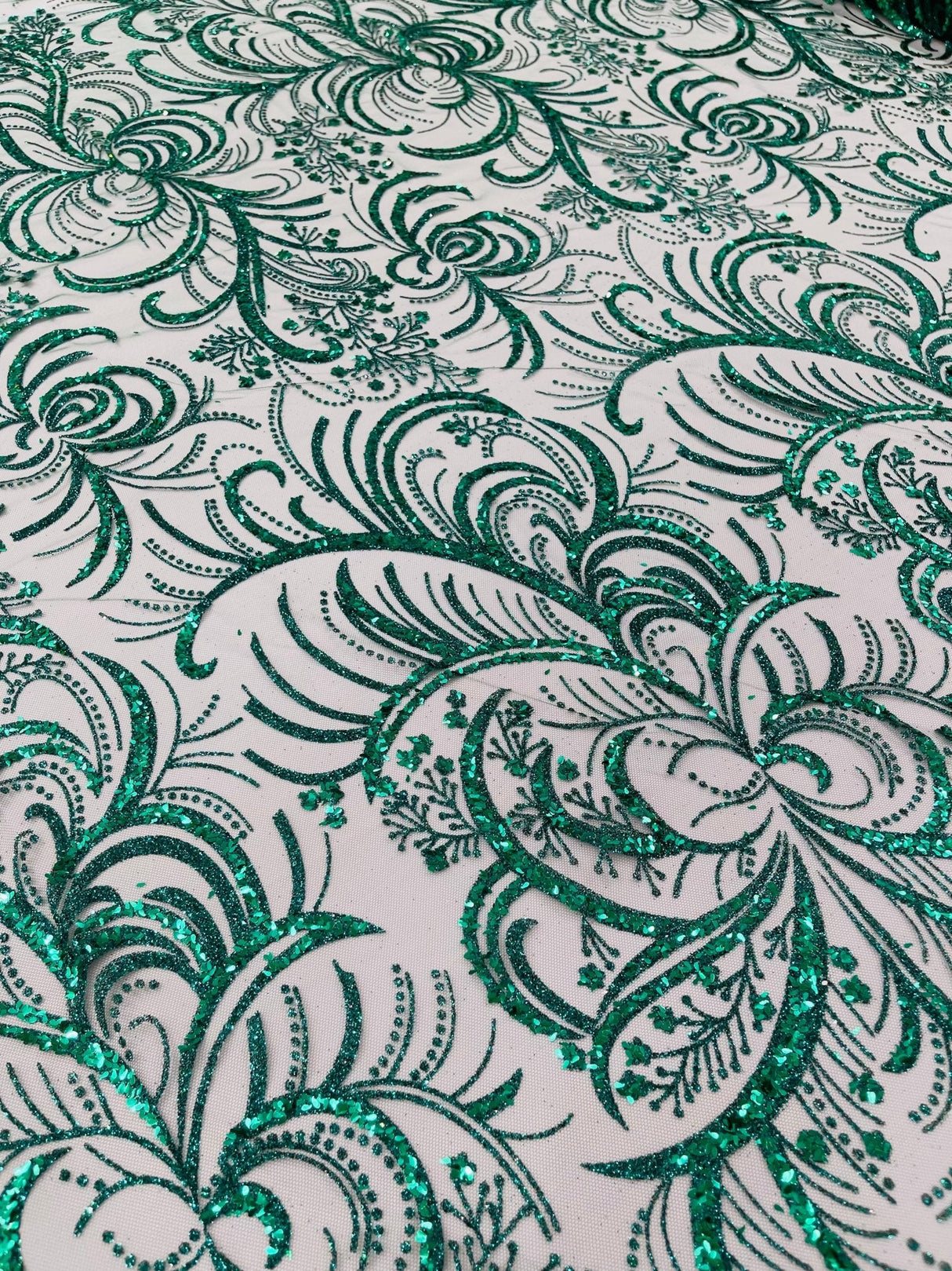 Palm Vine Glitter Design On A Mesh Lace Fabric - Hunter Green, Gold, Silver/White, Red, 54" Width (1 Yard)