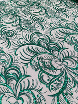 Palm Vine Glitter Design On A Mesh Lace Fabric - Hunter Green, Gold, Silver/White, Red, 54" Width (1 Yard)