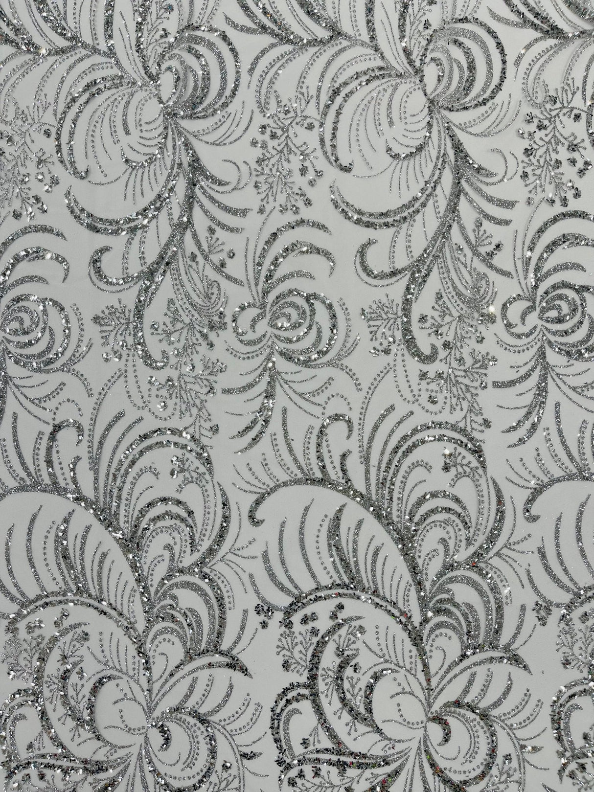 Palm Vine Glitter Design On A Mesh Lace Fabric - Hunter Green, Gold, Silver/White, Red, 54" Width (1 Yard)