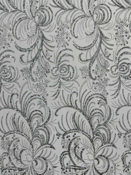 Palm Vine Glitter Design On A Mesh Lace Fabric - Hunter Green, Gold, Silver/White, Red, 54" Width (1 Yard)