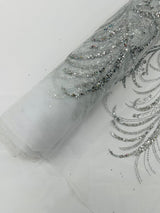 Palm Vine Glitter Design On A Mesh Lace Fabric - Hunter Green, Gold, Silver/White, Red, 54" Width (1 Yard)